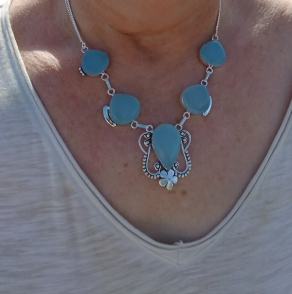 New Blue Chalcedony 925 Silver Necklace. - Picture 4 of 16